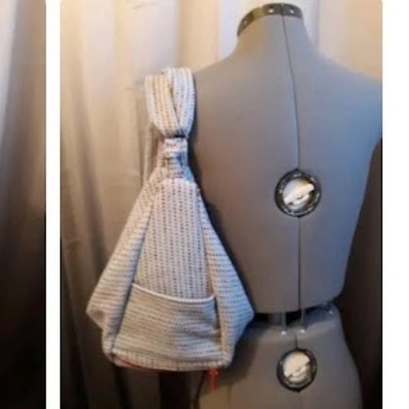 Double Handle Sling Purse Backpack Bag Blue Denim Polla Dot Red Multi Zippers - Picture 2 of 14